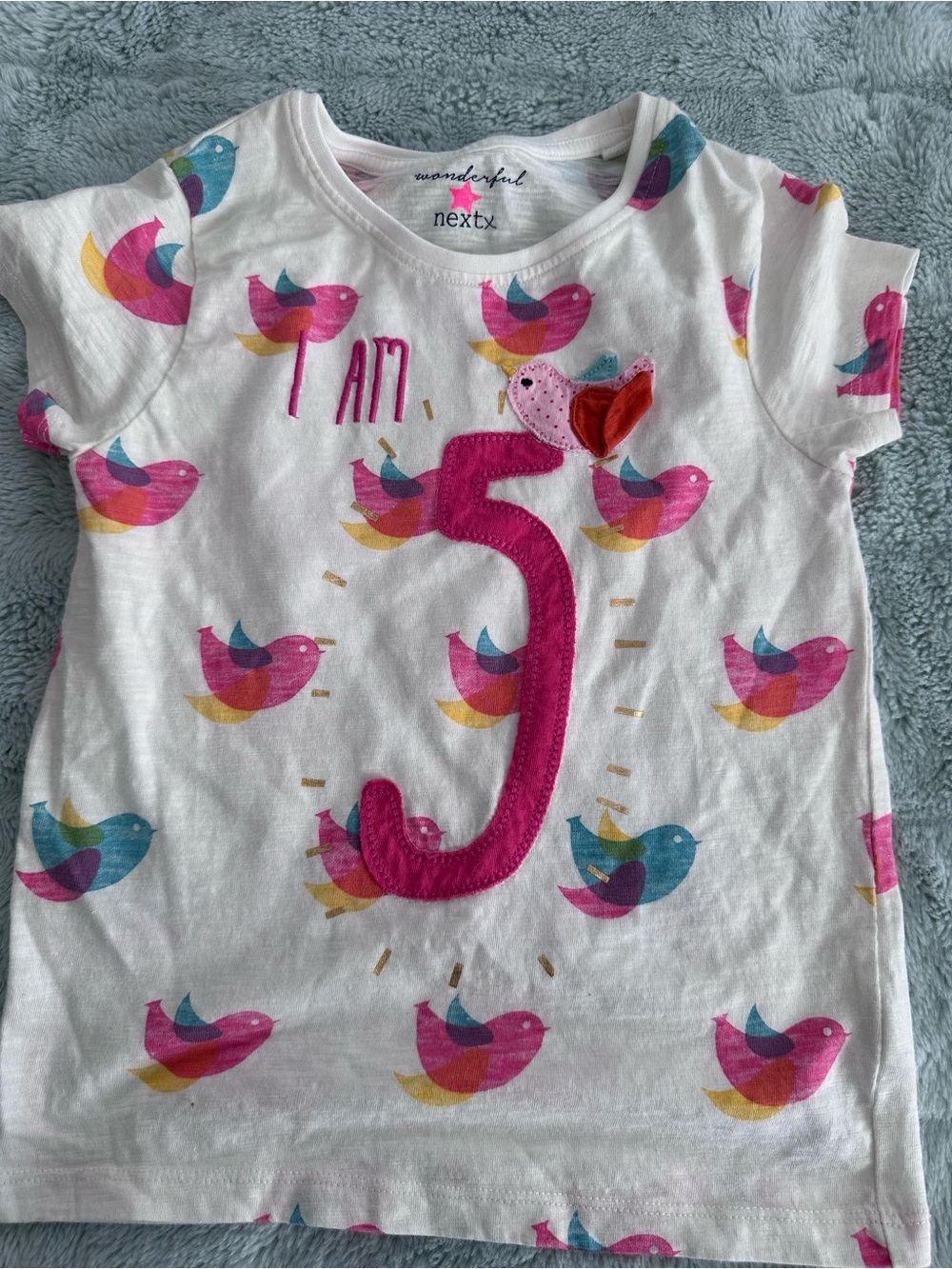 next White Tee with Pink '5' and Multicolor Bird Print